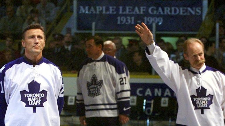 Toronto Maple Leafs hall of famers Borje Salming and Lanny McDonald bid farewell to Maple Leaf Gardens during a ceremony following the Leafs final game in the Gardens in Toronto. (Frank Gunn/CP)