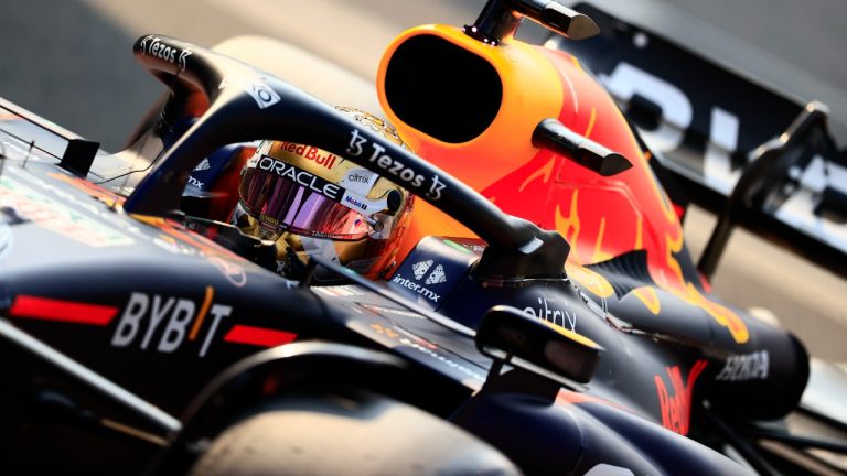 Red Bull driver Max Verstappen, of the Netherlands, drives his race car during the qualifying run of the Formula One Mexico Grand Prix at the Hermanos Rodriguez racetrack in Mexico City, Saturday, Oct. 29, 2022. (Carlos Perez Gallardo/Pool via AP)