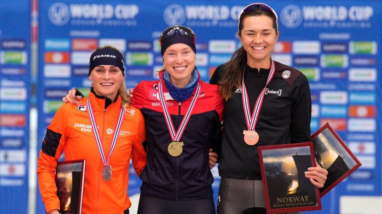 From left, second placed Irene Schouten from the Netherlands, the winner Ragne Wiklund from Norway, and third placed Isabelle Weidemann from Canada, on the podium after the women's World Cup 3000 meters ice skating event in Stavanger, Norway, Friday, Nov. 11, 2022. (Jan KÃ¥re Ness/NTB Scanpix via AP)