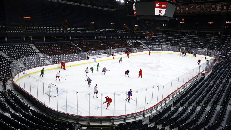 The Calgary Flames skate during a training camp practice in Calgary, Alta., Thursday, Sept. 22, 2022. (Jeff McIntosh/CP)