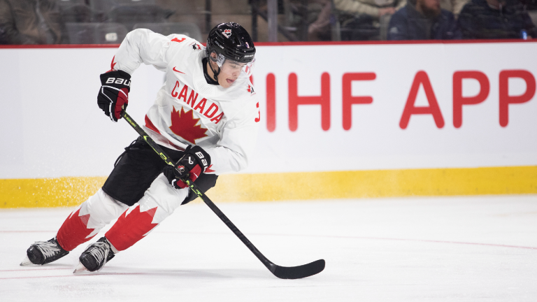 Canada’s Olen Zellweger skates against Switzerland during third period IIHF World Junior Hockey Championship pre-tournament hockey action in Moncton, N.B., on Monday, Dec. 19, 2022. (CP)