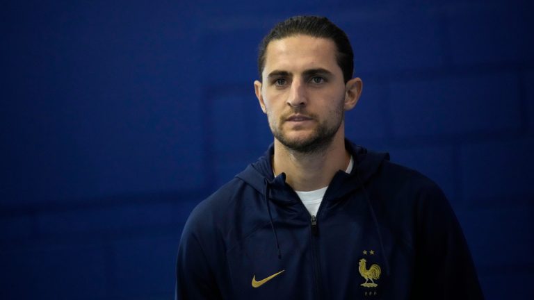 France's Adrien Rabiot arrives for a press conference at the Jassim Bin Hamad stadium in Doha, Qatar, Wednesday, Dec. 7, 2022. France will play against England during their World Cup quarter-final soccer match on Dec. 10. (AP Photo/Christophe Ena)