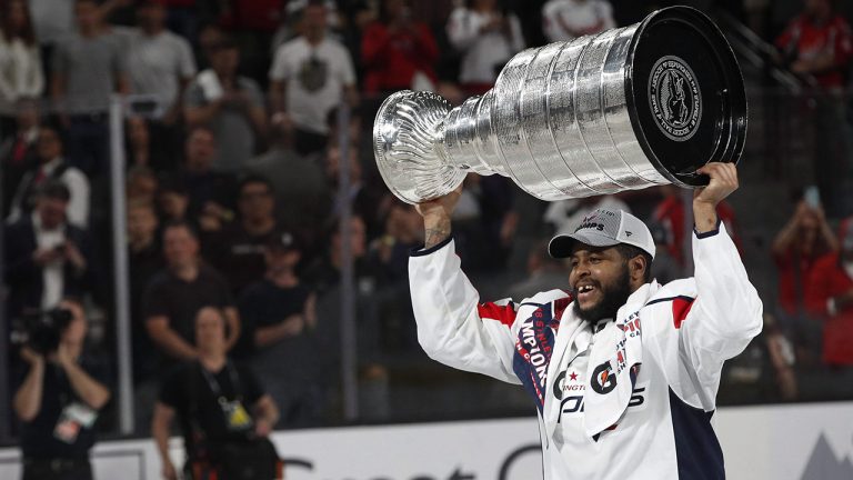 Washington Capitals right wing Devante Smith-Pelly skates with the Stanley Cup after the Capitals defeated the Golden Knights 4-3 in Game 5 of the NHL hockey Stanley Cup Finals Thursday, June 7, 2018, in Las Vegas. (John Locher/AP)