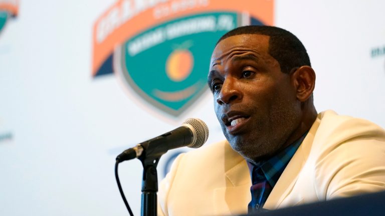 Jackson State head football coach Deion Sanders speaks during a news conference for the Orange Blossom Classic NCAA college football game, Friday, Sept. 2, 2022, in Miami Gardens, Fla. (Lynne Sladky/AP)