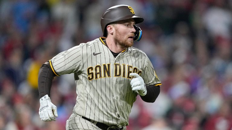 San Diego Padres' Brandon Drury watches his two-run double during the first inning in Game 4 of the baseball NL Championship Series between the San Diego Padres and the Philadelphia Phillies on Saturday, Oct. 22, 2022, in Philadelphia. (Matt Rourke/AP)