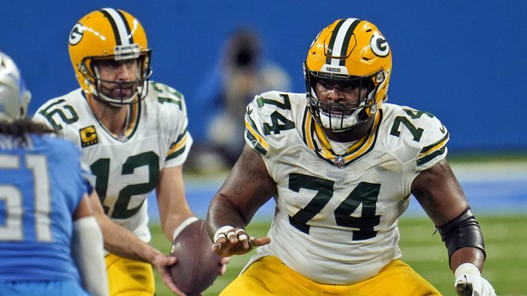 Green Bay Packers offensive guard Elgton Jenkins looks to block during the second half of an NFL football game against the Detroit Lions in Detroit. (Paul Sancya/AP)