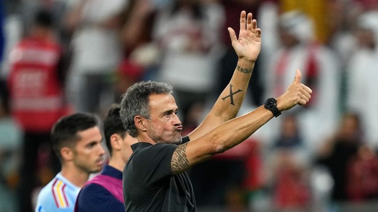 Spain's head coach Luis Enrique reacts to supporters at the end of the World Cup round of 16 soccer match between Morocco and Spain, at the Education City Stadium in Al Rayyan, Qatar, Tuesday, Dec. 6, 2022. (Martin Meissner/AP Photo)