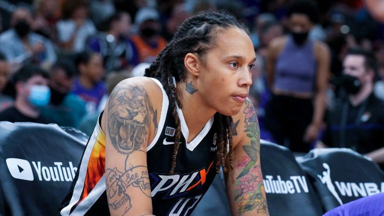 FILE - Phoenix Mercury center Brittney Griner sits during the first half of Game 2 of basketball's WNBA Finals against the Chicago Sky, Wednesday, Oct. 13, 2021, in Phoenix. Russia has freed WNBA star Brittney Griner in a dramatic high-level prisoner exchange, with the U.S. releasing notorious Russian arms dealer Viktor Bout. (Rick Scuteri/AP, File)