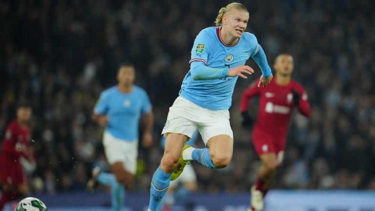 Manchester City's Erling Haaland in action during the English League Cup soccer match between Manchester City and Liverpool at Etihad stadium in Manchester, England, Thursday, Dec. 22, 2022. (Jon Super/AP Photo)