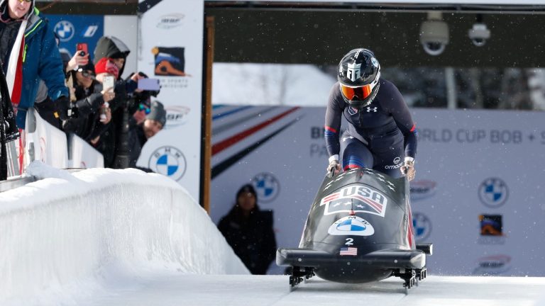 Kaillie Humphries of the United States competes in the women's monobob World Cup bobsled race Friday, Dec. 2, 2022, in Park City, Utah. (Jeff Swinger/AP Photo)
