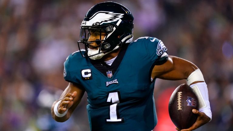 Philadelphia Eagles quarterback Jalen Hurts (1) runs up field during the first half of an NFL football game against the Minnesota Vikings, Monday, Sept. 19, 2022, in Philadelphia. (Matt Slocum/AP)