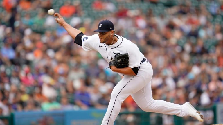 Detroit Tigers relief pitcher Joe Jimenez throws against the Los Angeles Angels in the eighth inning of a baseball game in Detroit, Saturday, Aug. 20, 2022. (Paul Sancya/AP)