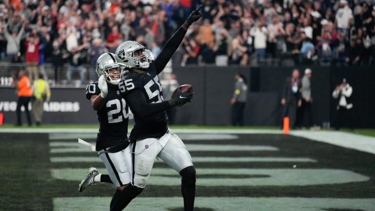 Las Vegas Raiders defensive end Chandler Jones (55) celebrates after scoring on an interception during the second half of an NFL football game between the New England Patriots and Las Vegas Raiders. (John Locher/AP)