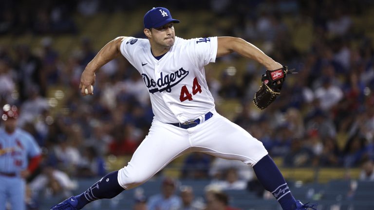 Los Angeles Dodgers relief pitcher Tommy Kahnle throws to a St. Louis Cardinals batter during the ninth inning of a baseball game Saturday, Sept. 24, 2022, in Los Angeles. The Dodgers won 6-2. (Raul Romero Jr./AP)