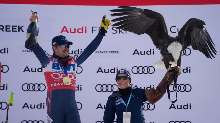 Norway's Aleksander Aamodt Kilde celebrates after winning a gold medal in men's World Cup super-G skiing Sunday, Dec. 4, 2022, in Beaver Creek, Colo. (John Locher/AP)