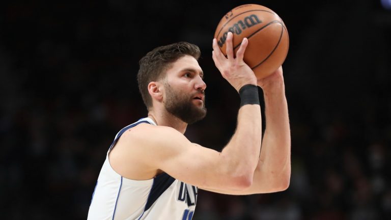 Dallas Mavericks forward Maxi Kleber takes a three point shot against the Portland Trail Blazers during the first half of an NBA basketball game in Portland, Ore., Wednesday, Jan. 26, 2022. (Amanda Loman/AP)