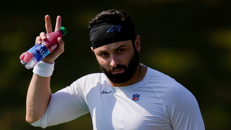 Carolina Panthers' Baker Mayfield arrives for the NFL football team's training camp at Wofford College on Tuesday, Aug. 2, 2022, in Spartanburg, S.C. (Chris Carlson/AP)