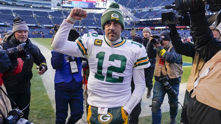 Green Bay Packers' Aaron Rodgers reacts as he walks off the field after an NFL football game against the Chicago Bears Sunday, Dec. 4, 2022, in Chicago. The Packers won 28-19. (Charles Rex Arbogast/AP)