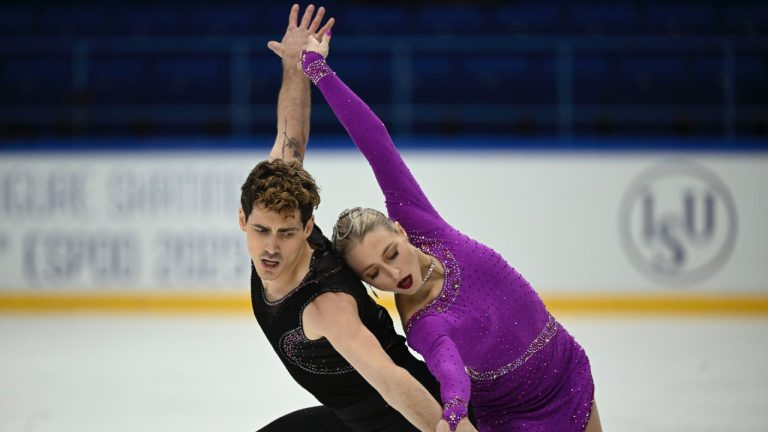 Piper Gilles and Paul Poirier of Canada perform during the ice dance rhythm dance of the ISU figure skating Grand Prix Espoo 2022 competition in Espoo, Finland, Friday Nov. 25, 2022. (Antti Aimo-Koivisto/Lehtikuva via AP)