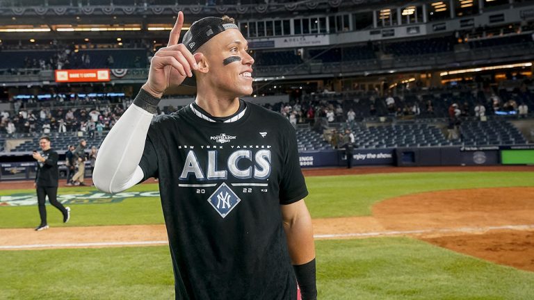 New York Yankees centre fielder Aaron Judge reacts after the Yankees defeated the Cleveland Guardians Game 5 of an American League Division baseball series, Tuesday, Oct. 18, 2022, in New York. (Frank Franklin II/AP)