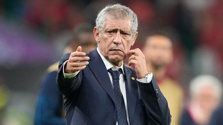 Portugal's head coach Fernando Santos gestures during the World Cup quarterfinal soccer match between Morocco and Portugal, at Al Thumama Stadium in Doha, Qatar, Saturday, Dec. 10, 2022. (AP Photo/Martin Meissner)