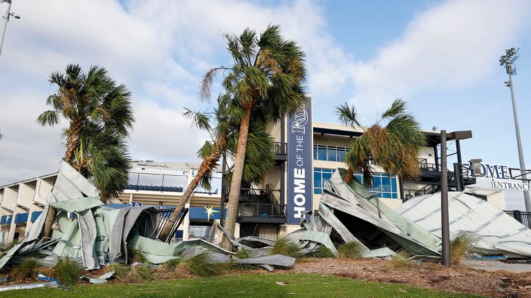 Damage caused by Hurricane Ian seen outside Charlotte Sports Park located on the grounds of the Tampa Bay Rays Spring Training baseball complex, Thursday, Sept. 29, 2022 in Port Charlotte. The Rays are relocating their spring base for 2023 due to extensive damage to team training facilities caused by Hurricane Ian. (Ivy Ceballo/Tampa Bay Times via AP)
