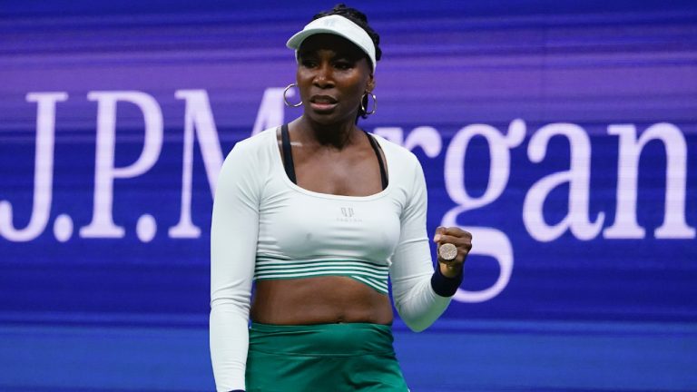 Venus Williams, of the United States, reacts during her first-round doubles match with Serena Williams, against Lucie HradeckÃ¡ and Linda NoskovÃ¡, of the Czech Republic, at the U.S. Open tennis championships, Thursday, Sept. 1, 2022, in New York. (Frank Franklin II/AP)
