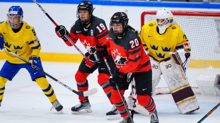 Sarah Nurse and Brianne Jenner of Canada in action with goalkeeper Emma Soderberg, right, and Ebba Berglund, left, of Sweden during the IIHF World Championship Woman's ice hockey match between Canada and Sweden in Herning, Denmark. (Bo Amstrup/Ritzau Scanpix via AP)