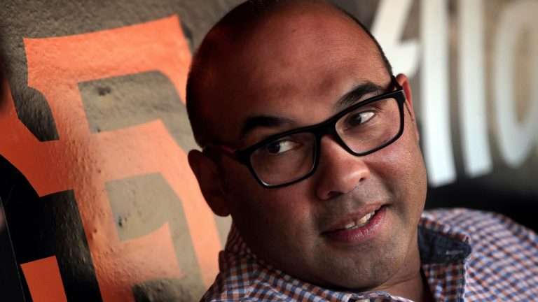 Farhan Zaidi, president of baseball operations for the San Francisco Giants, talks with reporters before the team's baseball game against the Arizona Diamondbacks on Tuesday, July 12, 2022, in San Francisco. (Carlos Avila Gonzalez/San Francisco Chronicle via AP)