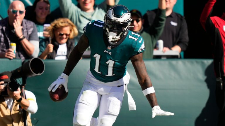 Philadelphia Eagles wide receiver A.J. Brown (11) celebrates his touchdown reception during the first half of an NFL football game between the Pittsburgh Steelers and Philadelphia Eagles, Sunday, Oct. 30, 2022, in Philadelphia. (Matt Slocum/AP)