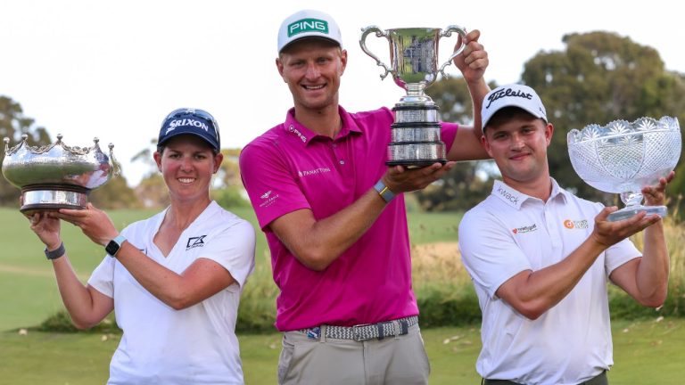 (L to R) Winners Ashleigh Buhai of South Africa, Adrian Meronk of Poland and Kipp Popert of England pose for their winners photo during the Australian Open golf championship at Victoria golf course in Melbourne, Australia, Sunday, Dec. 4, 2022. (Asanka Brendon Ratnayake/AP)