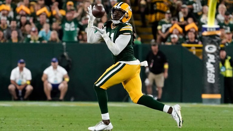 Green Bay Packers wide receiver Sammy Watkins catches a pass during the second half of an NFL football game against the Chicago Bears Sunday, Sept. 18, 2022, in Green Bay, Wis. (Morry Gash/AP)