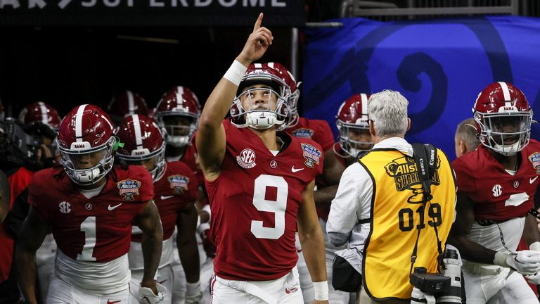 Alabama quarterback Bryce Young (9) leads the team onto the field before the start of the Sugar Bowl NCAA college football game against Kansas State Saturday, Dec. 31, 2022, in New Orleans. (Butch Dill/AP)