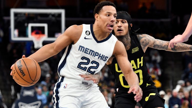 Memphis Grizzlies guard Desmond Bane handles the ball against Utah Jazz guard Jordan Clarkson in the second half of an NBA basketball game, Sunday, Jan. 8, 2023, in Memphis, Tenn. (Brandon Dill/AP Photo)