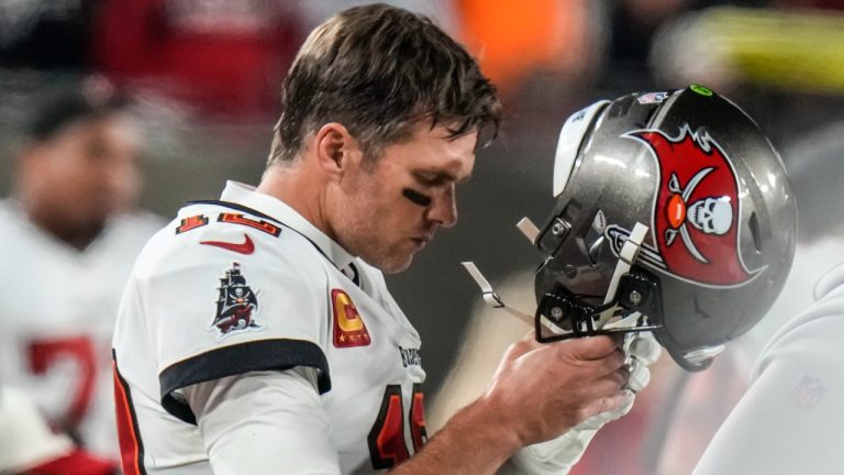 Tampa Bay Buccaneers quarterback Tom Brady (12) walks on the sidelines during the second half of an NFL wild-card football game against the Dallas Cowboys, Monday, Jan. 16, 2023, in Tampa, Fla. (Chris O'Meara/AP Photo)