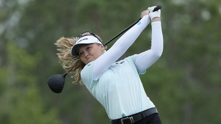Brooke M. Henderson, of Canada, watches her shot from the second tee during the final round of the LPGA CME Group Tour Championship golf tournament, Sunday, Nov. 20, 2022, at the Tiburón Golf Club in Naples, Fla. (Lynne Sladky/AP)