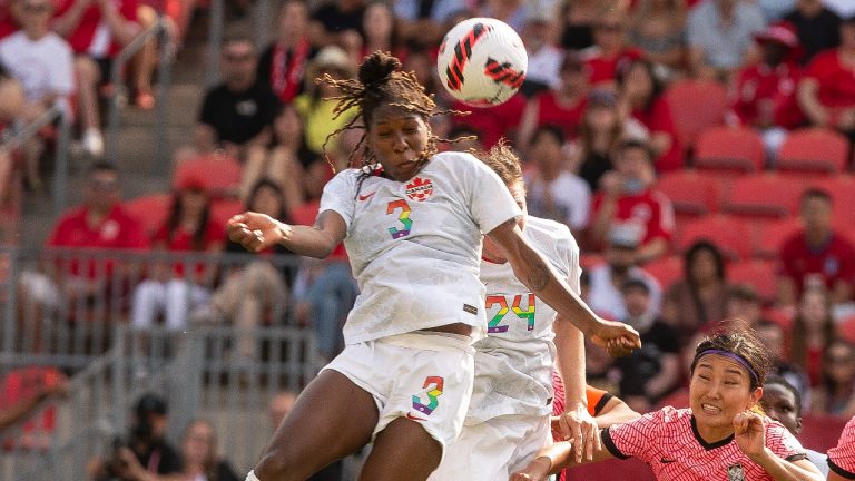 Canada women’s soccer player Kadeisha Buchanan rises above the Korean Republic Women’s defence to send a header at goal during second half of international friendly action, in Toronto, on Sunday June 26, 2022. (Chris Young/CP)