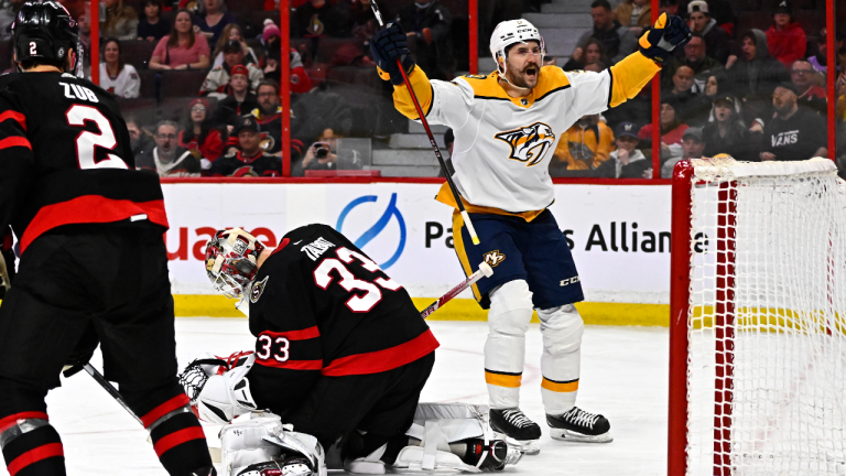 Nashville Predators left wing Filip Forsberg (9) celebrates after scoring on Ottawa Senators goaltender Cam Talbot (33) during third period NHL hockey action in Ottawa, on Monday, Jan. 9, 2023. (CP)