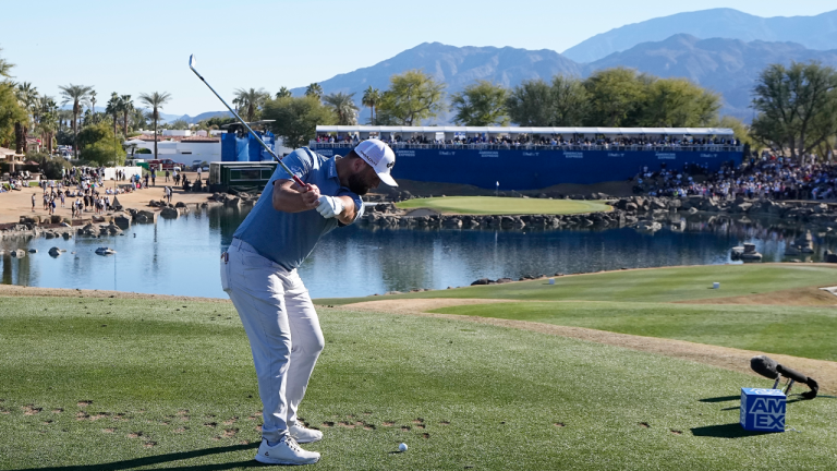 Jon Rahm hits from the 17th tee during the American Express golf tournament on the Pete Dye Stadium Course at PGA West Saturday, Jan. 21, 2023, in La Quinta, Calif. (AP)