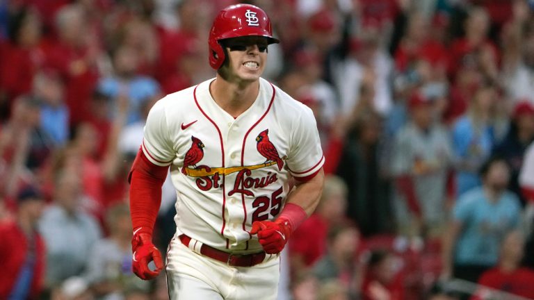 St. Louis Cardinals' Corey Dickerson rounds the bases after hitting a grand slam during the first inning of a baseball game against the Pittsburgh Pirates Saturday, Oct. 1, 2022, in St. Louis. (Jeff Roberson/AP)