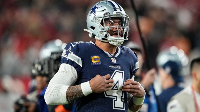 Dallas Cowboys quarterback Dak Prescott (4) warms up before an NFL wild-card football against the Tampa Bay Buccaneers, Monday, Jan. 16, 2023, in Tampa, Fla. (Chris Carlson/AP)
