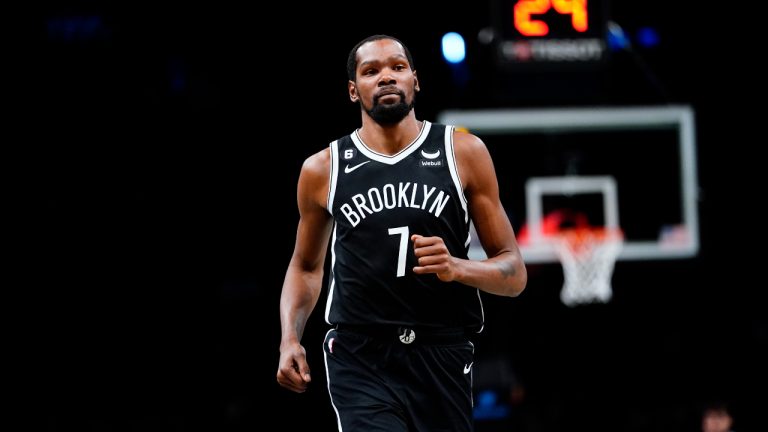 Brooklyn Nets' Kevin Durant (7) runs on the court during the first half of an NBA basketball game. (Frank Franklin II/AP)