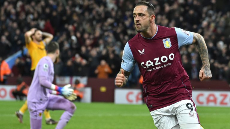 Aston Villa's Danny Ings, right, celebrates after he scores his side's first goal during the English Premier League soccer match between Aston Villa and Wolverhampton Wanderers at Villa Park stadium in Birmingham, England Wednesday, Jan. 4, 2023. (Rui Vieira/AP)