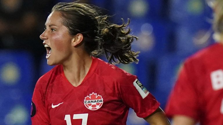 Canada's Jessie Fleming celebrates scoring her side's opening goal against Jamaica during a CONCACAF Women's Championship soccer semifinal match in Monterrey, Mexico, Thursday, July 14, 2022. (Fernando Llano/AP Photo)