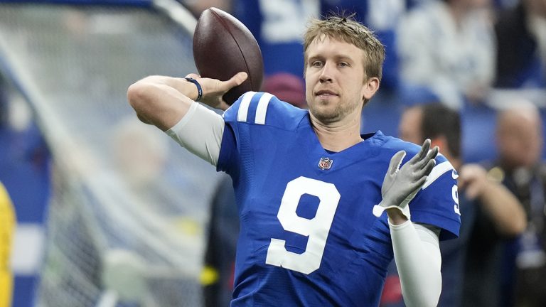 Indianapolis Colts quarterback Nick Foles throws before an NFL football game against the Los Angeles Chargers, Monday, Dec. 26, 2022, in Indianapolis. (AJ Mast/AP)