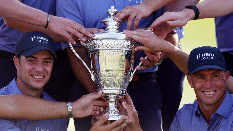 The Hero Cup is held by members of Continental Europe after their victory on Day 3 of the Hero Cup at Abu Dhabi Golf Club on January 15, 2023 in Abu Dhabi, United Arab Emirates. (Oisin Keniry/Getty Images)