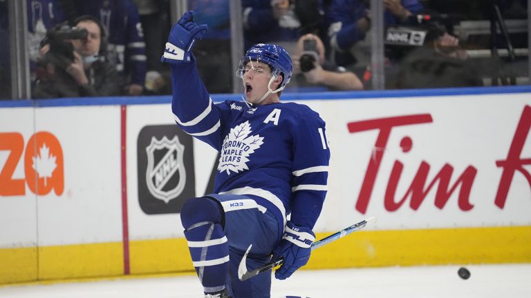 Toronto Maple Leafs right wing Mitchell Marner (16) celebrates after scoring on Nashville Predators during third period NHL action in Toronto on Wednesday January 11, 2023. Marner scored on a power play with 1:15 left in regulation to defeat the Predators 2-1. (Frank Gunn/CP)