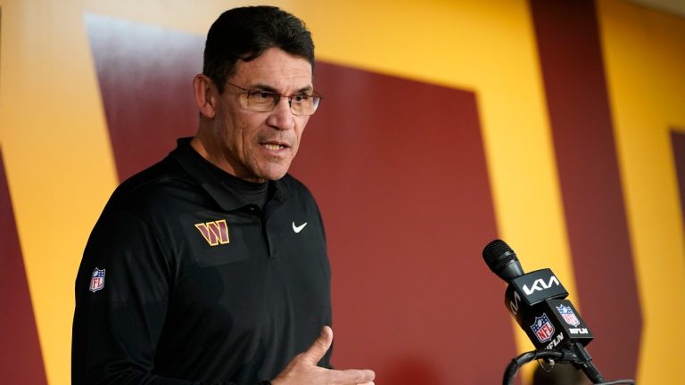 Washington Commanders head coach Ron Rivera talks to reporters after a 24-10 loss to the Cleveland Browns, Sunday, Jan. 1, 2023, in Landover, Md. (Patrick Semansky/AP Photo)