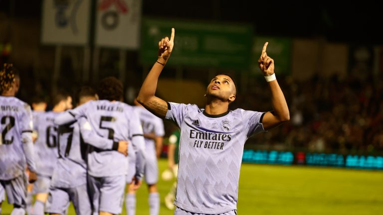 Real Madrid's Rodrygo celebrates after scoring the opening goal during a Spanish Copa del Rey round of 32 soccer match between Cacereno and Real Madrid at the Principe Felipe stadium in Caceres, Spain, Tuesday Jan. 3, 2023. (Pablo Garcia/AP)