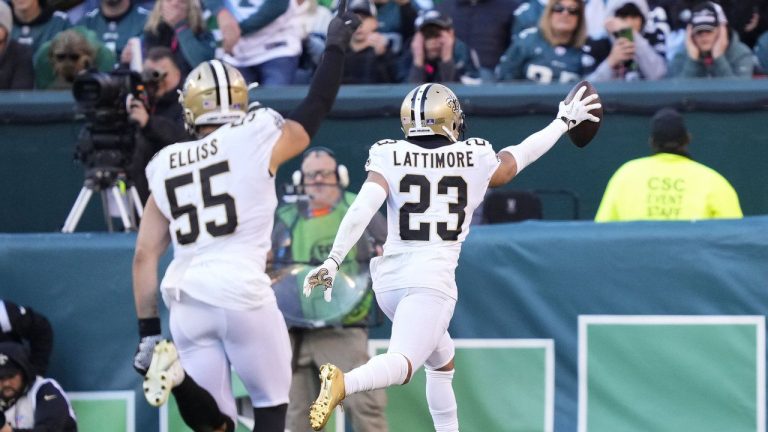 New Orleans Saints cornerback Marshon Lattimore (23) returns an interception for a touchdown in the second half of an NFL football game against the Philadelphia Eagles in Philadelphia, Sunday, Jan. 1, 2023. (Matt Rourke/AP)